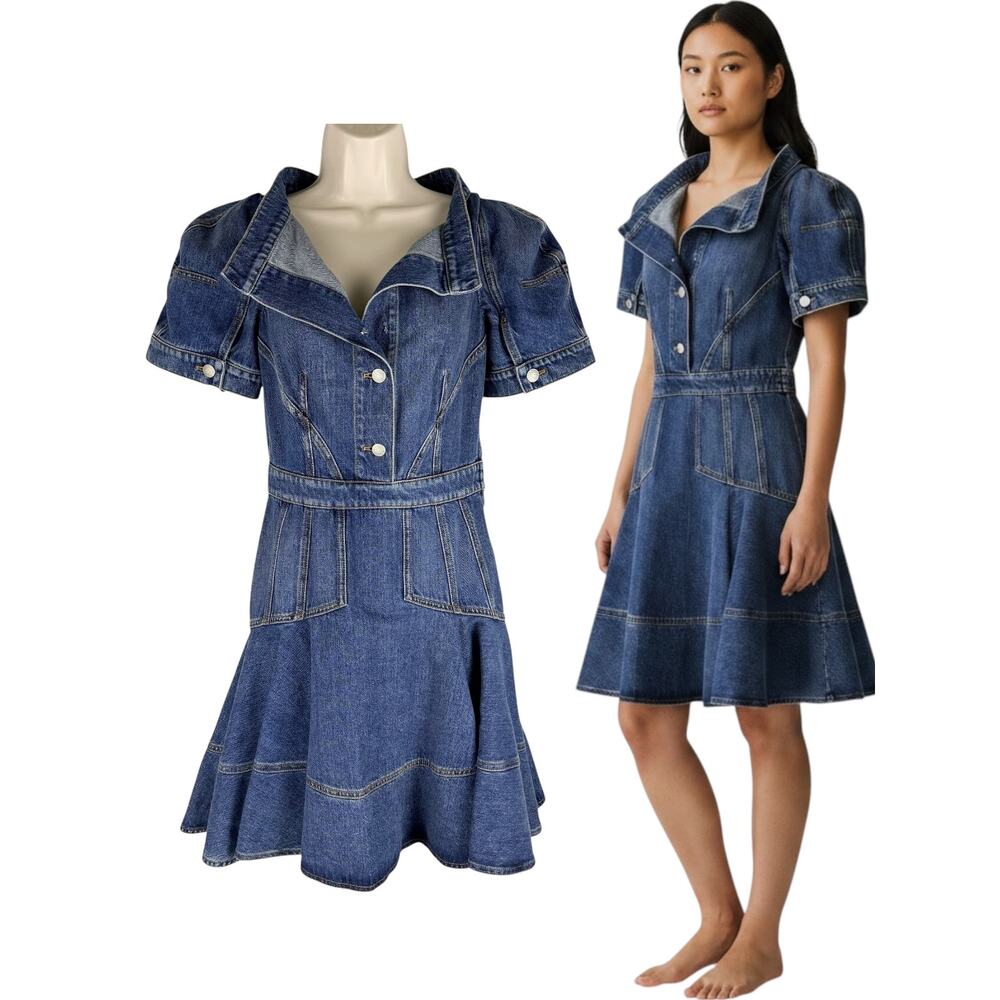 Alexander Mcqueen Denim Puff Sleeve Flare Short Dress Blue Size 40